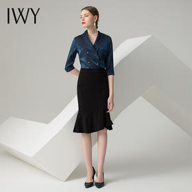IWY/蓝色五分袖衬衫黑色半裙套装AB0288+AS0185