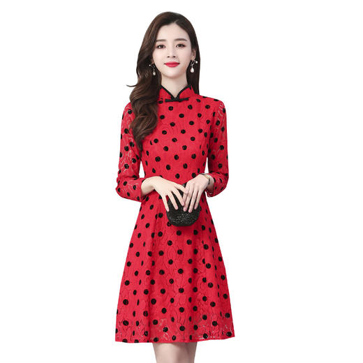AHM-zm9179韩版少女蕾丝波点改良版旗袍甜美修身长袖连衣裙ZXH 商品图4