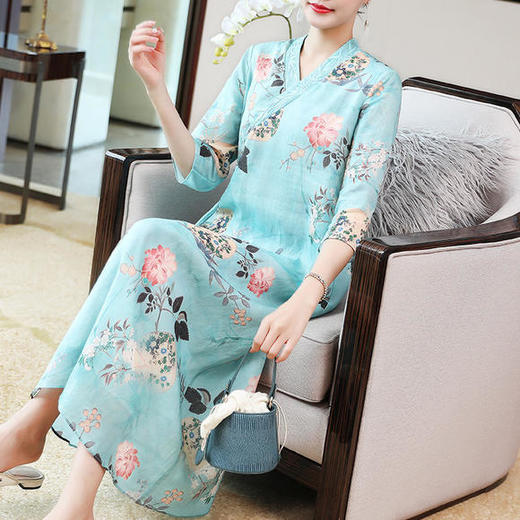 复古文艺，V领苎麻印花连衣裙KDS-1250 商品图0