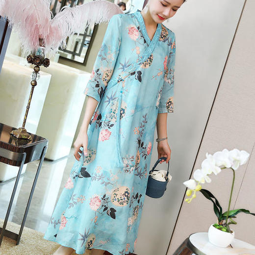 复古文艺，V领苎麻印花连衣裙KDS-1250 商品图2