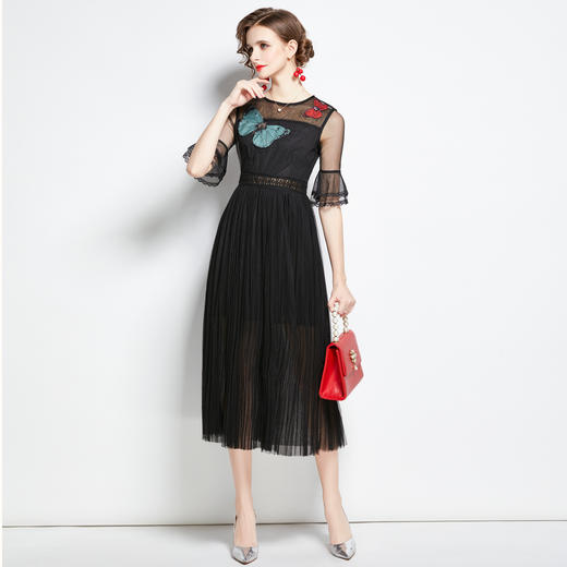 AHM-hjw9798新款气质网纱拼接高腰修身时尚蝴蝶绣花喇叭袖百褶裙ZXH 商品图2