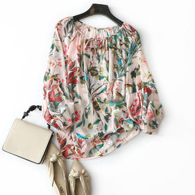 CS-YD-20202度假不可缺系列！系带印花气质真丝衬衫上衣