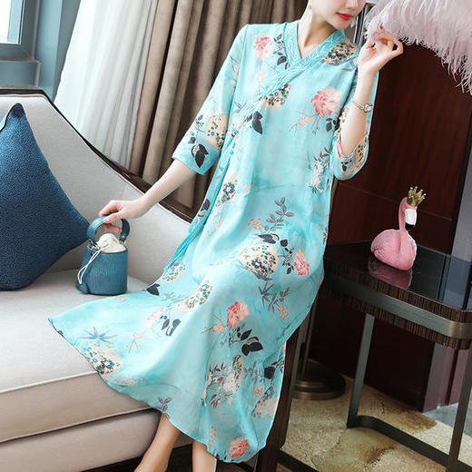 复古文艺，V领苎麻印花连衣裙KDS-1250 商品图1