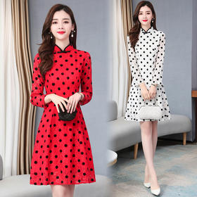 AHM-zm9179韩版少女蕾丝波点改良版旗袍甜美修身长袖连衣裙ZXH
