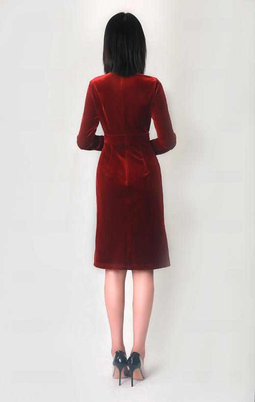 V领腰部钉珠中长袖连衣裙 商品图4