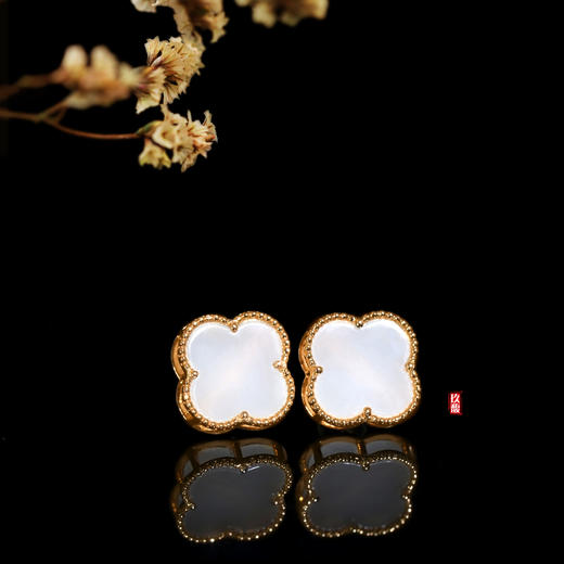 18K玫瑰金和田玉（白玉）四叶草耳饰 /四叶草12mm 商品图0