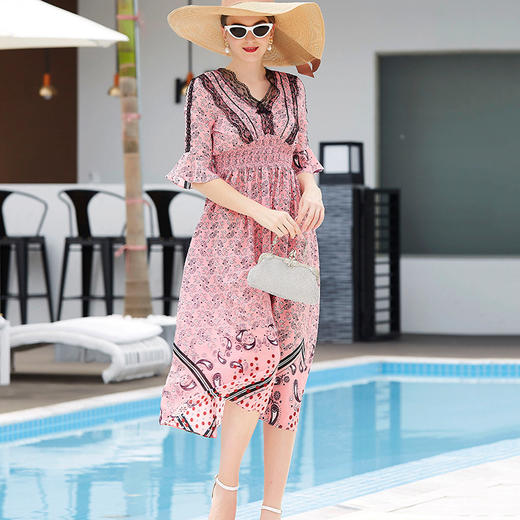 WY-FH0525夏新款优雅气质V领松紧腰飘逸柔滑真丝连衣裙 商品图2