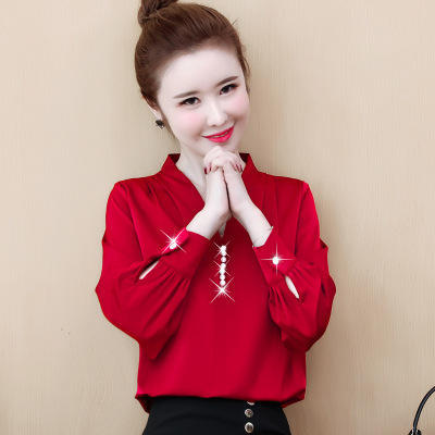 YH-2020秋装新款韩版气质V领雪纺衫上衣 商品图1