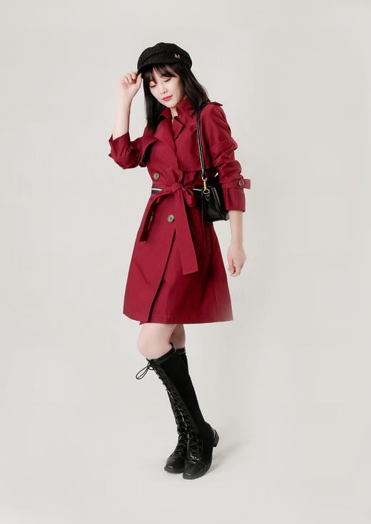 后排扣撞色织带装饰短款风衣（附腰带） 商品图1