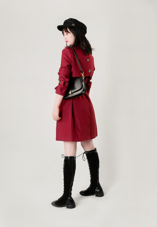 后排扣撞色织带装饰短款风衣（附腰带） 商品图3