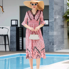 WY-FH0525夏新款优雅气质V领松紧腰飘逸柔滑真丝连衣裙