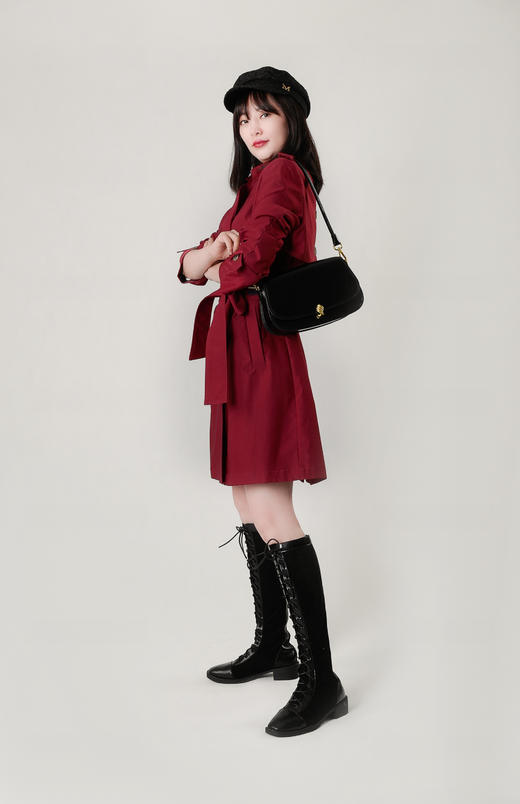 后排扣撞色织带装饰短款风衣（附腰带） 商品图2