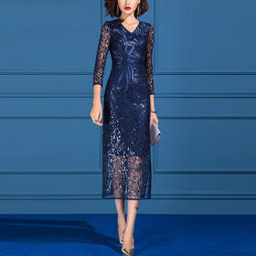 SSGS-J620新款秋轻奢名媛气质收腰修身显瘦蓝色包臀蕾丝连衣裙