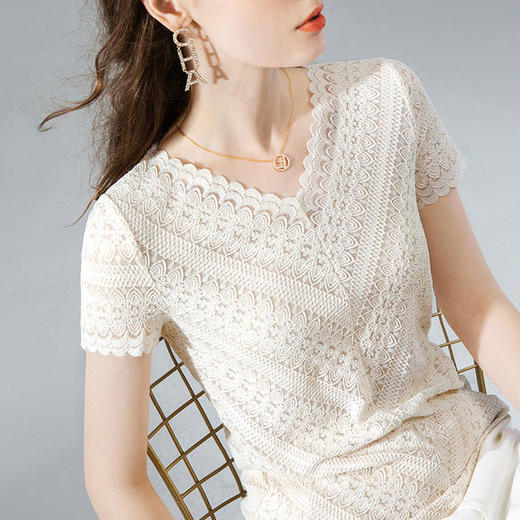 性感V领，洋气雷丝波浪边蕾丝短袖上衣SG-AL30796 商品图1