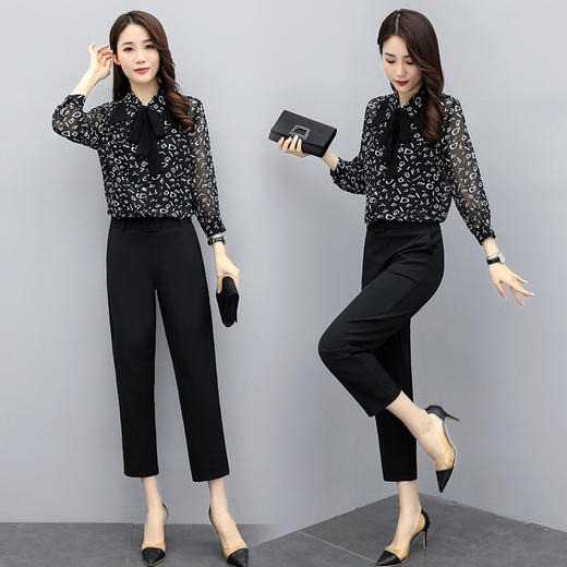 WZNH-SLYY9A19配腰带 配领带  2020新款女气质通勤优雅印花翻领直筒裤套装 商品图3
