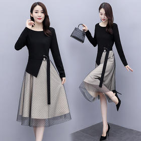 WZNH-YUSHIYA20316新款时尚气质网纱拼接圆点针织连衣裙