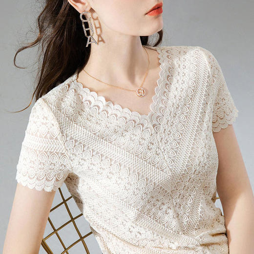 性感V领，洋气雷丝波浪边蕾丝短袖上衣SG-AL30796 商品图4