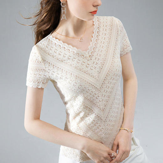性感V领，洋气雷丝波浪边蕾丝短袖上衣SG-AL30796 商品图2