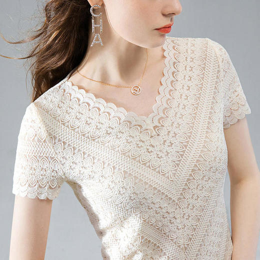 性感V领，洋气雷丝波浪边蕾丝短袖上衣SG-AL30796 商品图3