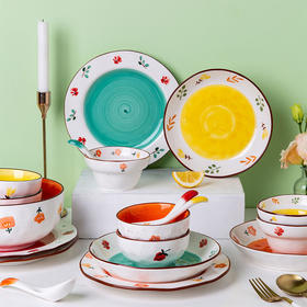 摩登主妇原创花韵碗盘餐具套装家用陶瓷饭碗勺子菜盘子大号汤碗