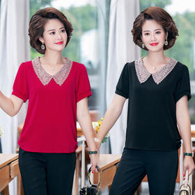 W-7855自制妈妈装短袖宽松大码半袖雪纺衫