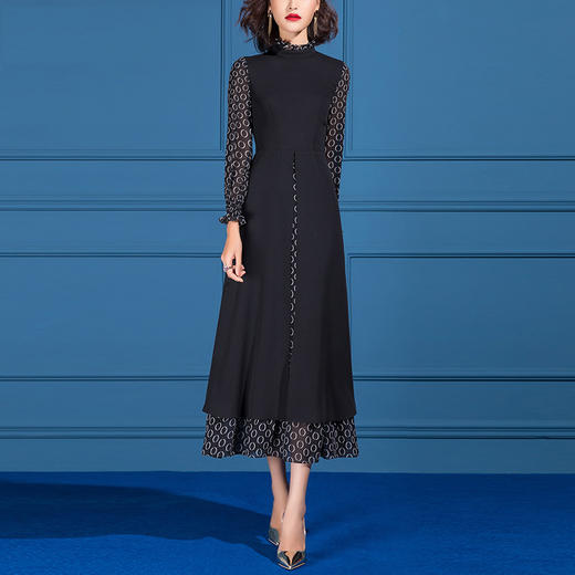 SSGS-L489新款秋优雅气质长袖收腰显瘦黑色拼接大摆雪纺连衣裙 商品图1