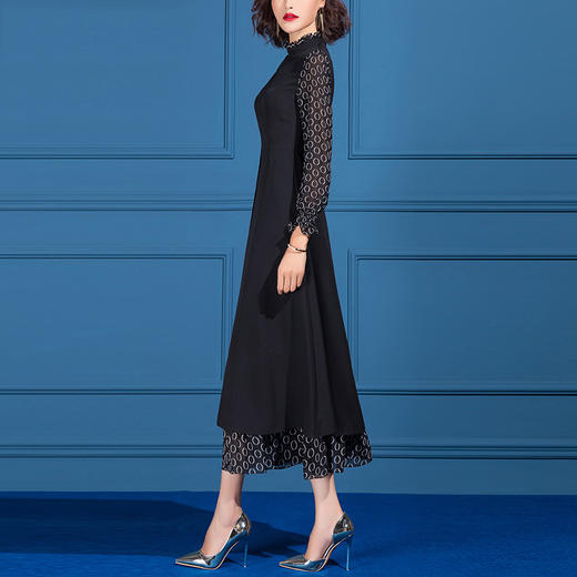 SSGS-L489新款秋优雅气质长袖收腰显瘦黑色拼接大摆雪纺连衣裙 商品图2