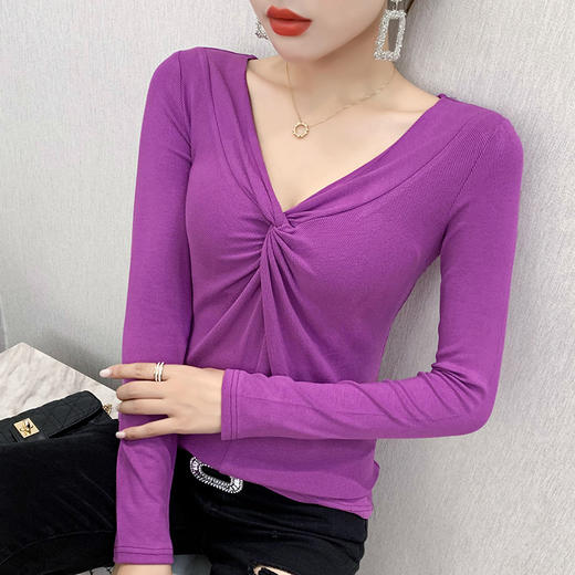 MZ-MZ5988薄款紧身针织春秋女性感交叉V领修身长袖打底衫ZXH 商品图2