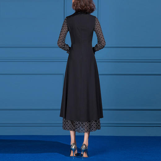 SSGS-L489新款秋优雅气质长袖收腰显瘦黑色拼接大摆雪纺连衣裙 商品图3