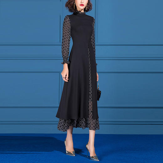 SSGS-L489新款秋优雅气质长袖收腰显瘦黑色拼接大摆雪纺连衣裙 商品图0