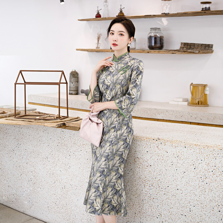yq1020长袖旗袍裙气质连衣裙女
