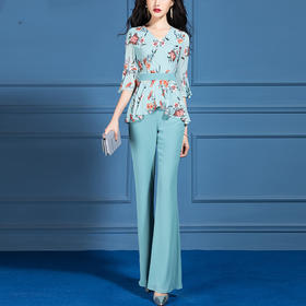 SSGS-L455时尚气质女神范印花雪纺衫喇叭裤两件套