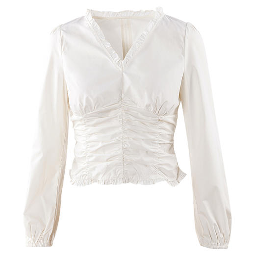 欧芮儿新款长袖收腰V领衬衫女白色气质修身设计感衬衣 商品图3