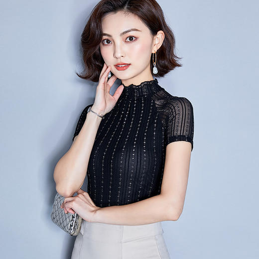 MZ-MZ2258创意款OL气质韩版棉套头短袖立领修身型女式T恤 商品图0