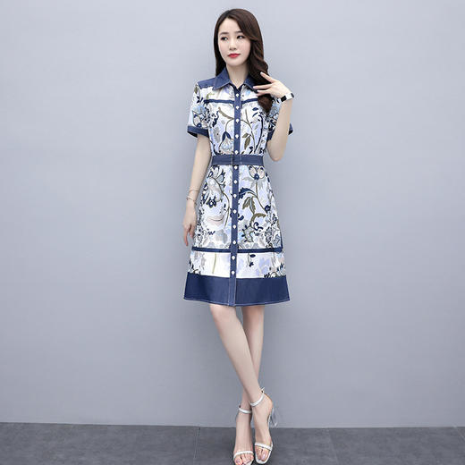 MD-CHYZX2021气质牛仔印花衬衫时尚polo领拼接国风裙子 商品图2