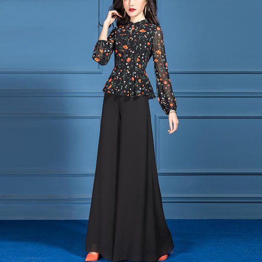 SSGS-41531新款时尚雪纺印花上衣阔腿裤套装裙 商品图0