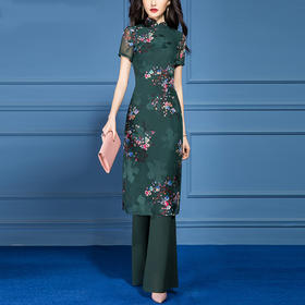 SSGS-T166新款典雅洋气绿色印花雪纺衫喇叭裤两件套