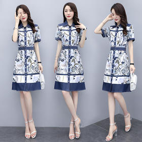 MD-CHYZX2021气质牛仔印花衬衫时尚polo领拼接国风裙子