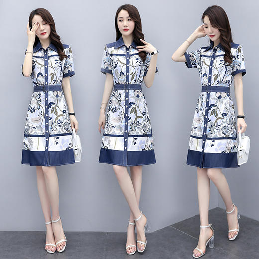 MD-CHYZX2021气质牛仔印花衬衫时尚polo领拼接国风裙子 商品图0