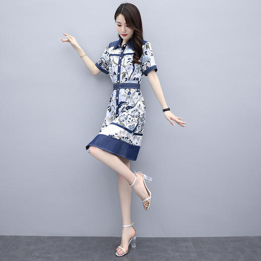 MD-CHYZX2021气质牛仔印花衬衫时尚polo领拼接国风裙子 商品图3