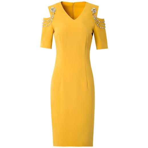 FMY-F20XL30645纯色钉珠气质V领修身露肩直筒中长裙 商品图4