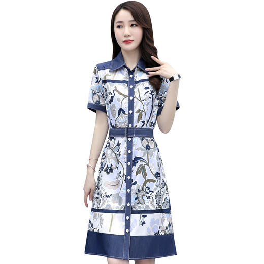 MD-CHYZX2021气质牛仔印花衬衫时尚polo领拼接国风裙子 商品图4