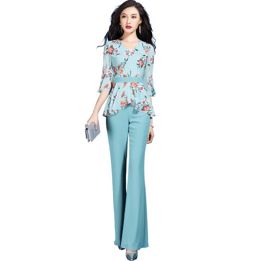 SSGS-L455时尚气质女神范印花雪纺衫喇叭裤两件套 商品图2