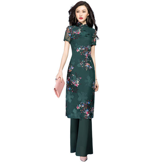 SSGS-T166新款典雅洋气绿色印花雪纺衫喇叭裤两件套 商品图2