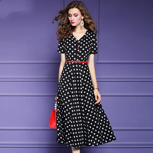 FMY-F20XL31440波点印花复古赫本风V领简约显瘦收腰中长裙 商品图0