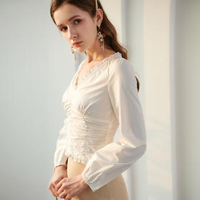 欧芮儿新款长袖收腰V领衬衫女白色气质修身设计感衬衣