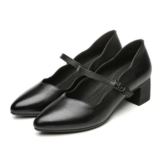 信诺真皮舒适女单皮鞋黑色粗跟一字带扣尖头模特走秀女粗跟玛丽珍20Q1803-6 商品图3