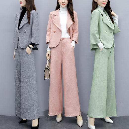 WZNH-GJC9970人字纹毛呢秋季新款简约毛呢阔腿裤套装 商品图3
