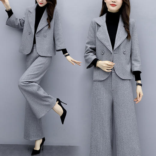 WZNH-GJC9970人字纹毛呢秋季新款简约毛呢阔腿裤套装 商品图2