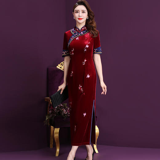 WXY-W-YNQ-6812新款秋装复古民族风年轻款婚礼妈妈连衣长裙 商品图0